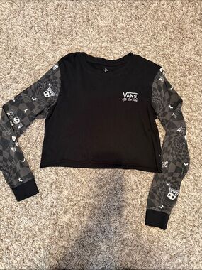 Vans Black Cropped Sweatshirt with Gray Checkered Skull Sleeves